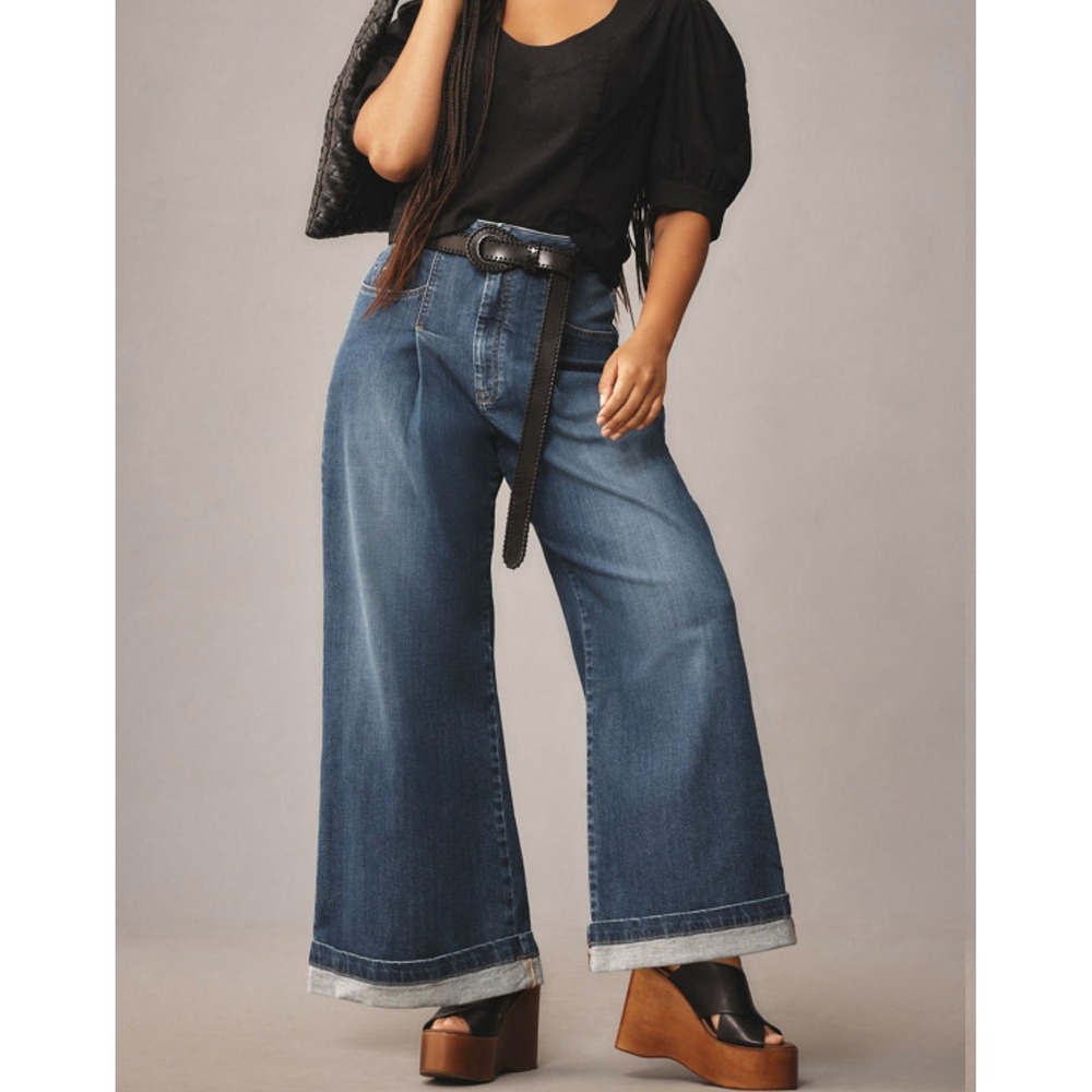 Anthropologie Pilcro Emory Pleated High-Rise Cuffed Wide-Leg Jeans, Blue, 29 - Picture 2 of 12